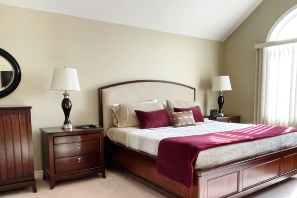King bedroom with cherry wood furniture and burgundy bedding at Hammer Haus