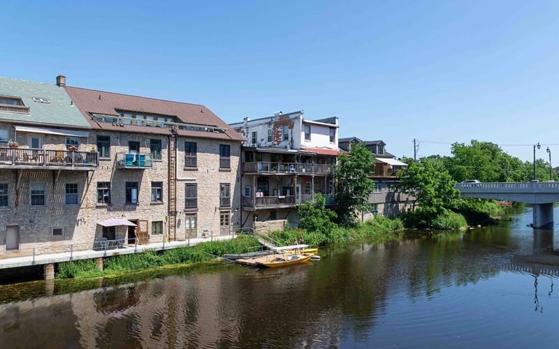 Stone buildings along the river