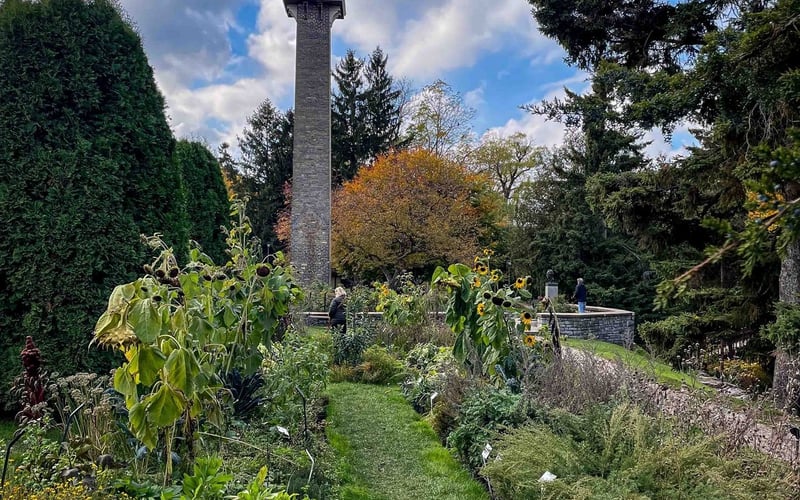 Shakespearean Gardens with red salvia beds