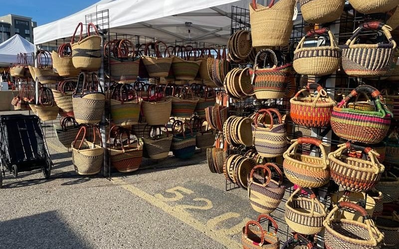 Colourful woven baskets vendor stall