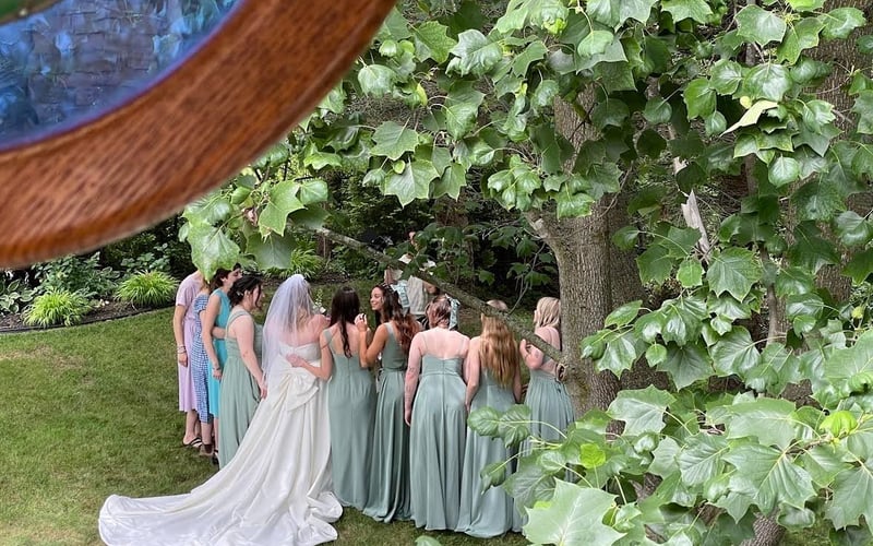 View from the deck through stained glass