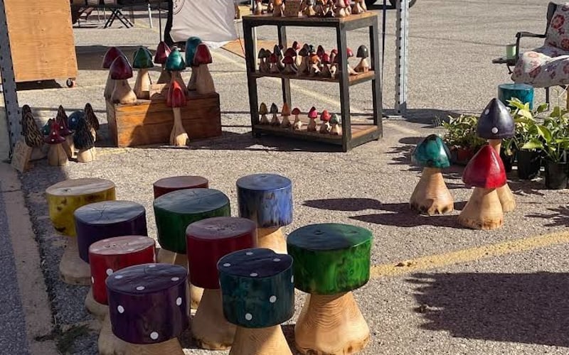 Hand-carved and painted mushroom stools